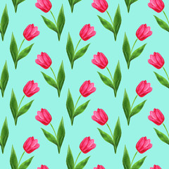 Obraz premium watercolor seamless tulips pattern turquoise background