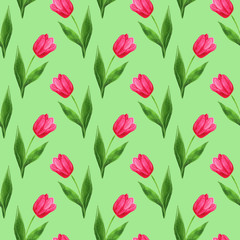 Obraz premium watercolor seamless tulips pattern green background