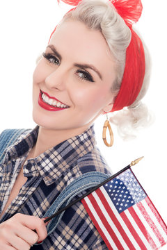 Tight close shot of excited retro woman celebrating 4th July wit