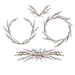 Fototapeta premium Watercolor pussy-willow wreath and vignettes