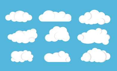 Set of cartoon clouds on a blue sky background. Vector illustration