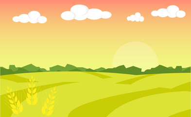 Farm landscape. Farm landscape illustration. Field wheat background. Farm sunrise background. Vector illustration