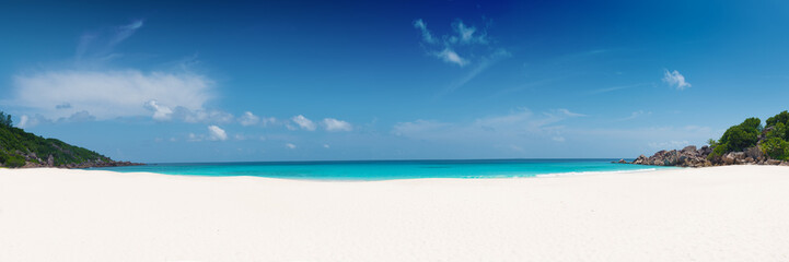 Fototapeta na wymiar panoramic view of petite anse beach la digue island seychelles