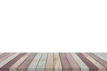 Fototapeta premium Empty top view of wooden table or counter (shelf) isolated on wh