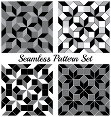 Set of 4 fashionable geometric seamless patterns with rhombus and squares of black, grey and white shades