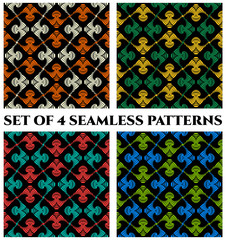 Set of 4 modern seamless patterns with red, green, orange, white, yellow and teal shades decorative ornament on black background
