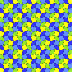 Geometric background of blue, green and yellow rhombus and square shapes