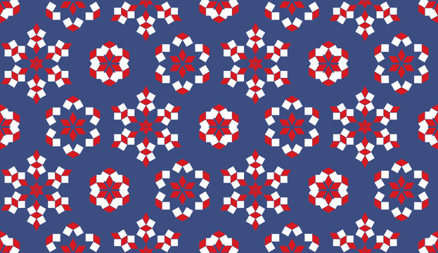Decorative seamless pattern of red and white geometrical elements on blue background