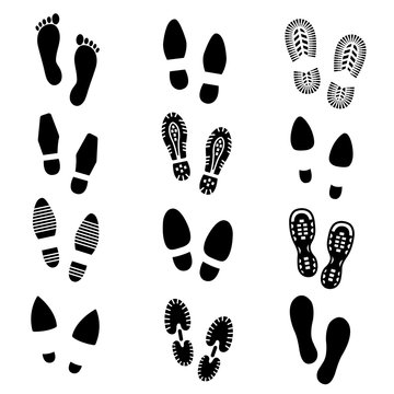 Footprints and shoes footmark vector silhouette icons set. Shoe print, sole shoe track, footprint shoe illustration