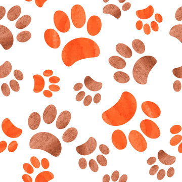 Watercolor paws seamless pattern. Hand drawn paws isolated on white background. Animal print. Vector. © Afanasia