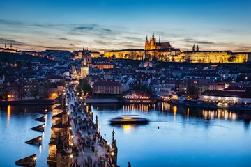 Foto auf Acrylglas Antireflex Karlsbrücke auf der Moldau in Prag, Tschechien am späten Sonnenuntergang, Nacht. Prager Burg © Photocreo Bednarek
