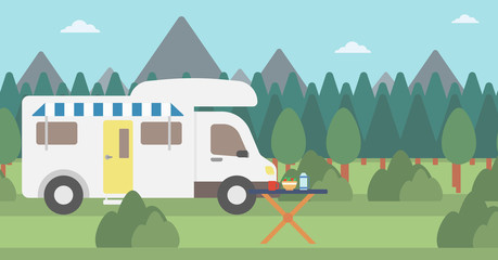 Background of motorhome in the forest.