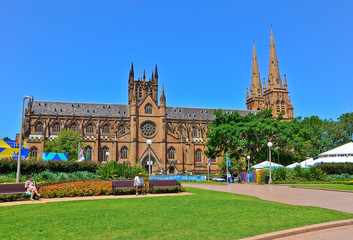 View of the St Mary's Cathedral and Hyde Park in Sydney