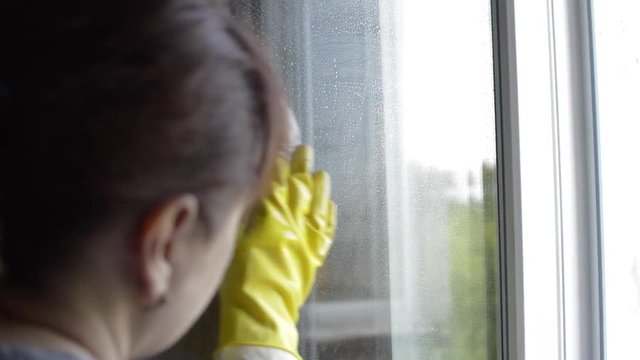 Women Cleans Apartment With a Cloth and Detergent Cleaner