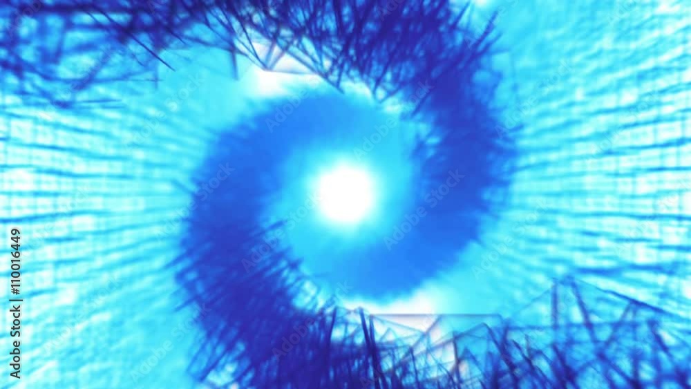 Poster seamless looping animation of a 3d spiral with blue wireframe cubes