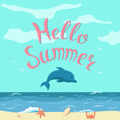 Amazing sea scene with jumping dolphin above the water and hand drawn calligraphic quote 