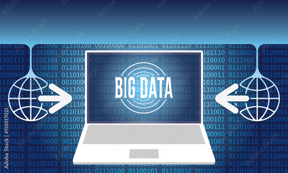 Poster two global symbols with arrows and laptop and big data icon