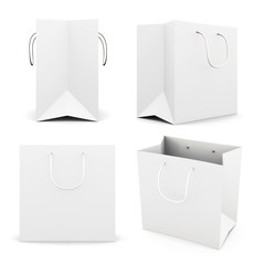 Set of white paper bag isolated on white background. Front view. Side view. Bag for purchase. Paper white bag for your design 3d render image