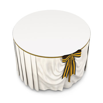 Round table with tablecloth and bow on a white background.  White tablecloth . Bow color of victory. 3d rendering
