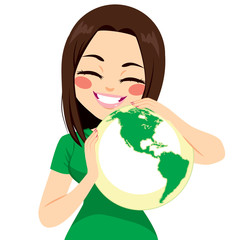 Young teenager girl hugging world with ecology concept