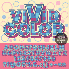 Vector bright alphabet with checks. Motley card with text Vivid color with circles on background. 
Set of violet and blue checkered numbers, symbols and letters.