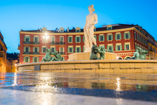 The Fontaine du Soleil on Place Massena in the Morning, Nice, Fr