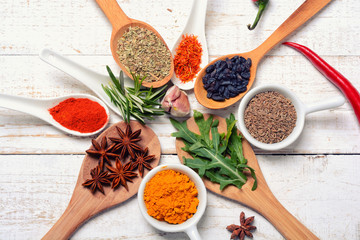 Powder spices & herbs on spoons