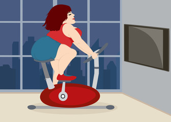 Fat young cute girl is engaged on a stationary bike  in front of the window, overlooking the daytime city . Vector illustration.