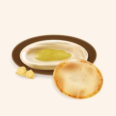  Illustration of hummus with pita bread isolated.