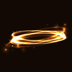 Gold circle light tracing effect. Glowing magic fire ring trace. Sparkle swirl trail on black background. Bokeh glitter round ellipse line with flying sparkling flash lights. Vector illustration.