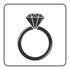 Diamond engagement ring icon. Crystal sign. Black circle silhouette isolated on white background. Flat fashion design element. Symbol of engagement, gift, jewel,luxury, expensive. Vector Illustration.