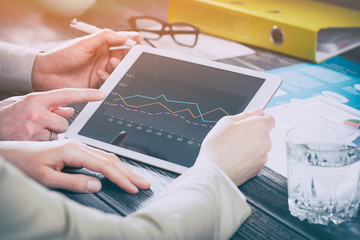 Using touchpad at meeting. Business concepts.