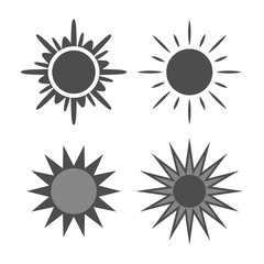 Sun icons set. Collection light gray signs with sunbeam. Design elements, isolated on white background. Symbol of sunrise, heat, sunny and sunset, morning, sunlight. Flat style. Vector Illustration.
