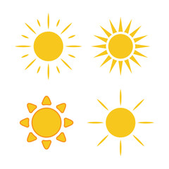 Sun icons set. Collection light yellow signs with sunbeam. Design elements, isolated on white background. Symbol of sunrise, heat, sunny and sunset, morning, sunlight. Flat style. Vector Illustration.