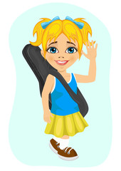 happy little girl walking with her guitar
