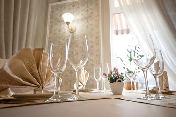 Table set for wedding or another catered event dinner.