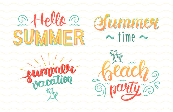 Colorful summer hand lettering set. Summer typographic and calligraphic set.  Summer logos and emblems. Vector