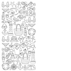 Fototapeta premium Doodle beach and Travel icons Hand drawn picture