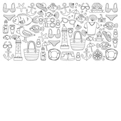 Fototapeta premium Doodle beach and Travel icons Hand drawn picture
