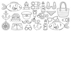 Fototapeta na wymiar Doodle beach and Travel icons Hand drawn picture
