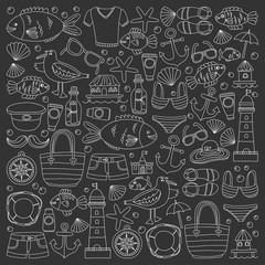 Doodle beach and Travel icons Hand drawn picture