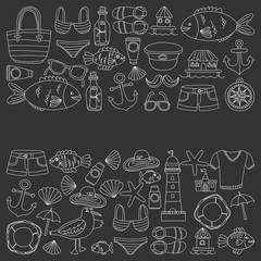 Doodle beach and Travel icons Hand drawn picture