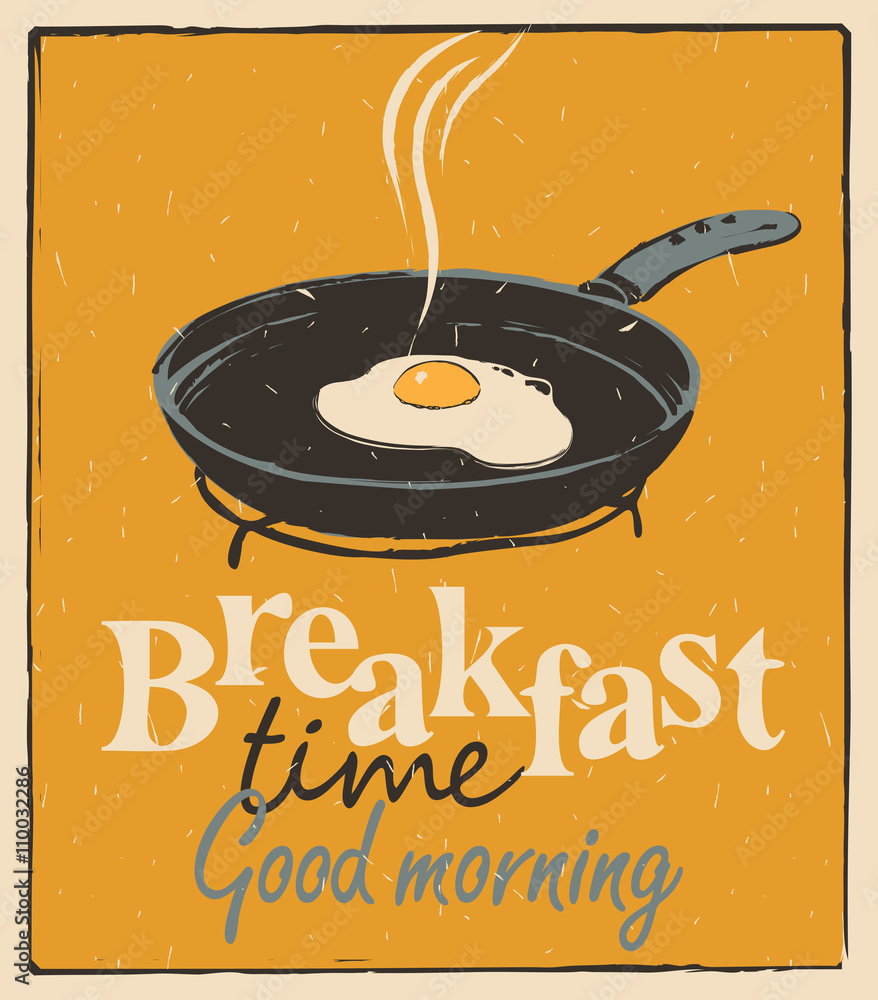 Poster vector banner for breakfast time with a frying pan and fried eggs in retro style