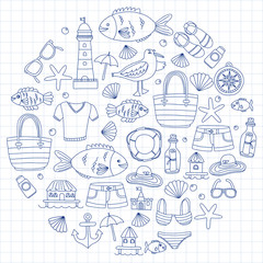 Doodle beach and Travel icons Hand drawn picture