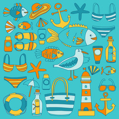 Naklejka premium Doodle beach and Travel icons Hand drawn picture