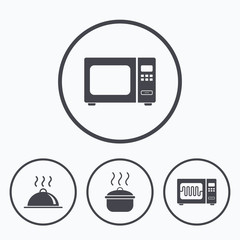 Microwave oven icon. Cooking pan, food serving.