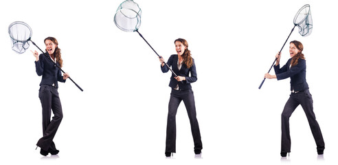 Woman with net isolated on white