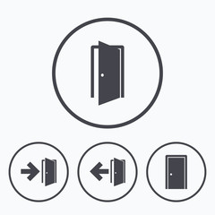 Doors signs. Emergency exit with arrow symbol.