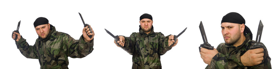 Young man in soldier uniform holding knife isolated on white