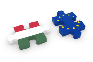 Hungary and EU Puzzle Pieces - Hungarian and European Flag Jigsaw 3D Illustration